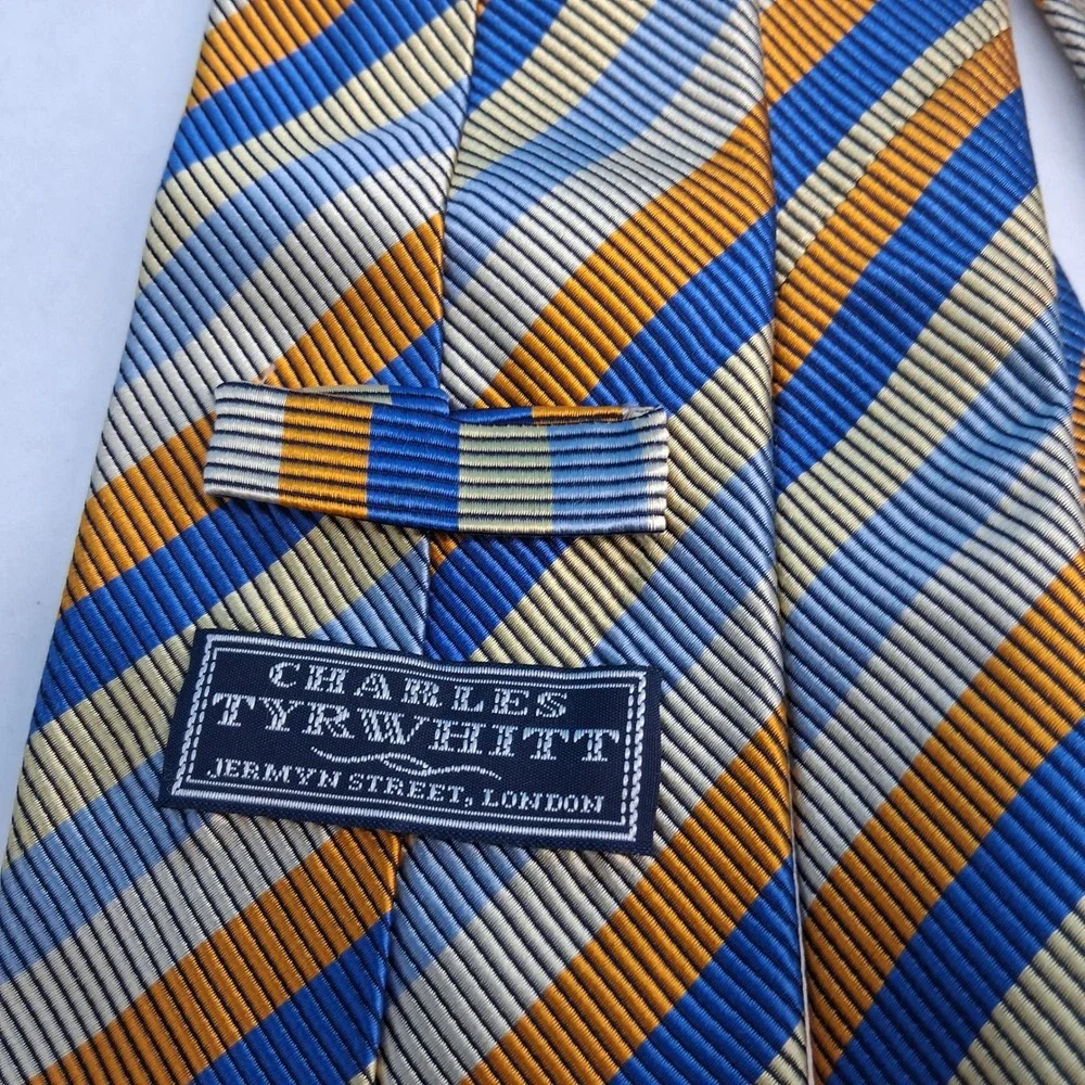 Charles Tyrwhitt Tie Mens OS Blue Gold Silver Striped Silk Italy Classic Woven